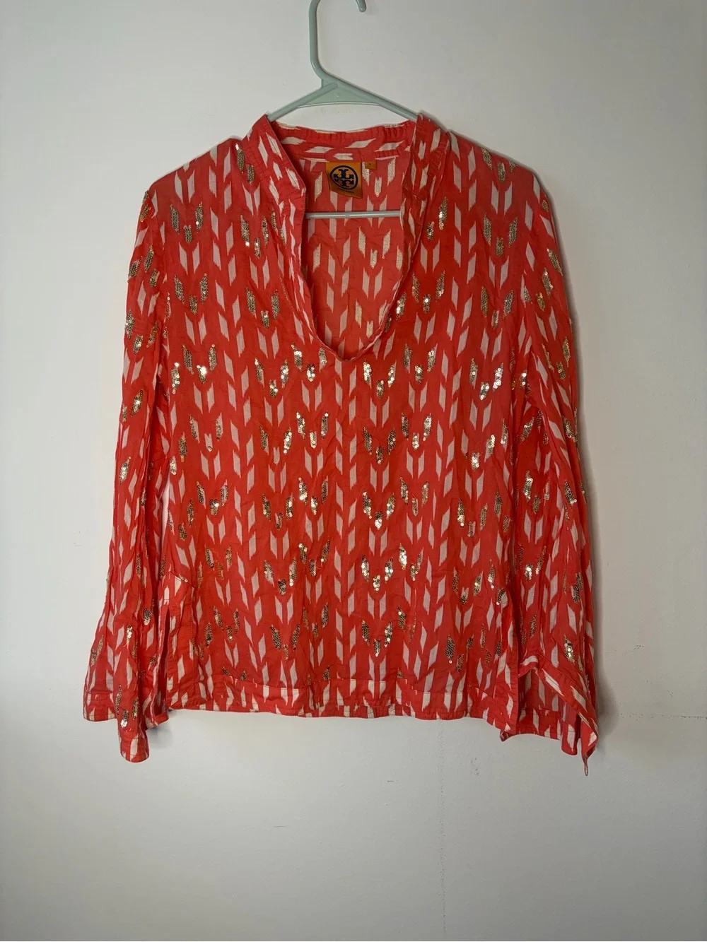 Tory Burch Coral Orange Ikat Gold Sequin Tunic Top Size 6 Long Sleeve